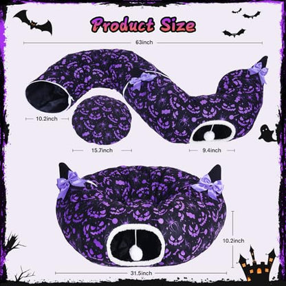 Tidjani Cat Tunnel Bed, Cat Tunnels for Indoor Cats, Foldable Cat Donut Bed with Washable Mat and Dangling Balls, Purple Bowknot, Ghost Spider Pattern Decor Pet Toys for Small Animals - style: Black Bow Ears