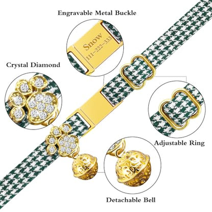 Personalized Breakaway Cat Collars - Magnetic Buckle, Bell - Safety Quick Release, Customized for Girls & Boys Cats- (Houndstooth-Green) - color: Houndstooth-Green