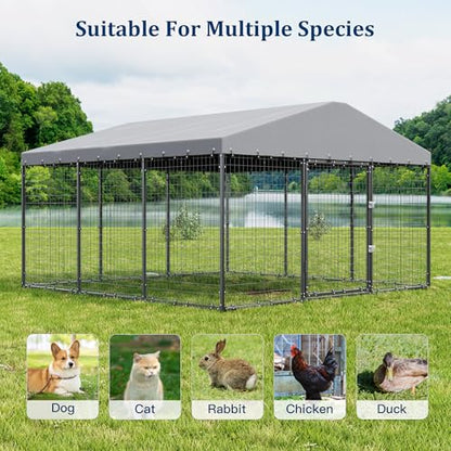 Kullavik 10x10x6 FT Large Outdoor Dog Kennel,Anti-Rust Galvanized Steel Dog Pen with Double Locks,Heavy Duty Dog Enclosure Fence with UV & Water Resistant Roof Cover for Outside - size: 118"L x 118"W x 70.9"H