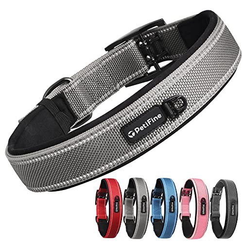 Dog Collar for Large Dogs, Neoprene Padded and Adjustable, Reflective Wide Heavy Duty Pet Collars with Durable Metal Belt Buckle for Walking, Grey, XL - color: Grey, size: X-Large (23"-27")