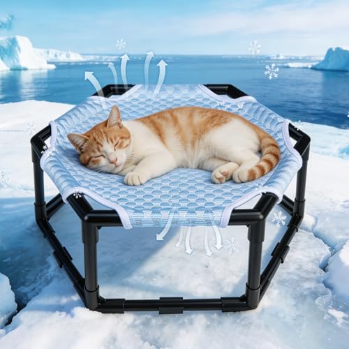 Elevated Cat Cooling Hammock Bed, Hexagonal Raised Cat Cot with Breathable Ice Beanie Fabric and Anti Slip Block, Cooling Pad Mat Indoor Outdoor Stable Pet Swing Bed for Small Puppy, Blue - color: Blue