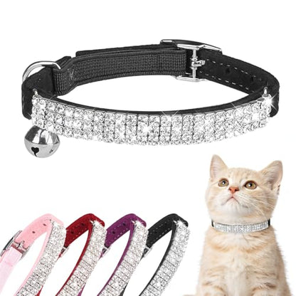BINGPET Diamond Cat Collar with Bell, Adjustable Soft Velvet Bling Rhinestone Cat Collar, Sparkly Kitten Collar with Safety Elastic & Metal Buckle for Small Medium Cats - color: Black(Rhinestones), size: Neck Girth 8"-10"