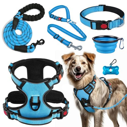 LOBEVE No Pull Dog Harness, Collar & Leash Set | Includes Dog Seat Belt, Collapsible Bowls & Poop Bag Dispenser. Ideal for Training, Walking, Hiking. Fits Small to Large Dogs(Blue-XL) - color: Blue, size: X-Large