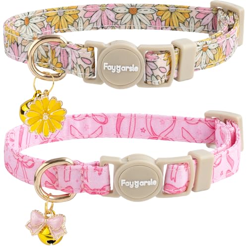 Faygarsle 2 Pack Pink Bow Floral Pattern Cat Collars Breakaway Safety Collar with Bell Spring Summer Design for Girl Cats,Pink Yellow - color: Pink Bow&Yellow Flower