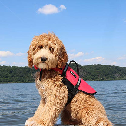 ZippyPaws Adventure Dog Life Jacket - Dog Life Vest for Swimming & Boating, Fits Small Pets, Lightweight Dog Flotation Device for Water Safety, Padded Handle, Adjustable Fit, 28-32" - Large, Red - size: Large