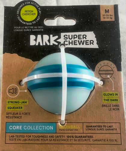 BarkBox Glowball Dog Toy | Glow-in-the-Dark Rubber Fetch Ball with Strong-Jaw Squeaker & Easy-Grip Rim | for Medium Dogs