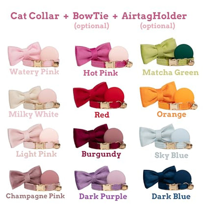 Personalized Soft Velvet Engraved Cat Collar, Custom Name & Phone on Metal Buckle with Bell, Optional Bowtie/Leash/Airtag Holder for Kittens Cats (Light Gold Buckle)
