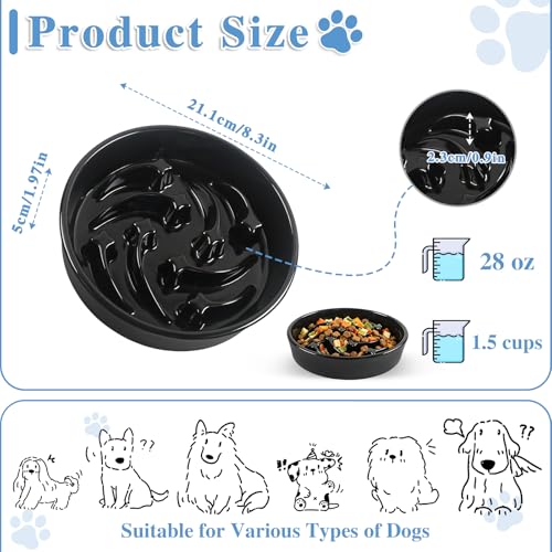 Ceramic Slow Feeder Dog Bowls, 2 Cups Dog Food Dish for Medium and Large Breed, Puzzle Dog Food Bowl for Fast Eater, 28OZ, 8.15 inch(Black) - color: Black-L
