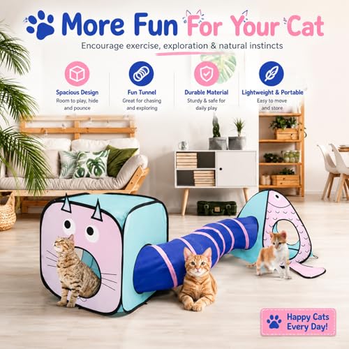 Rypet Cat Toy Tunnel and Cubes Bundle - Interactive Crinkle Collapsible Cat Tube and Foldable Cubes Playground for Kitty, Rabbit, Puppy, Ferret Hiding Hunting and Resting - color: Blue