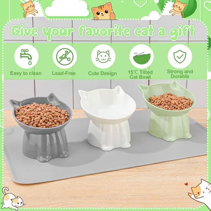 3 Pcs Elevated Cat Bowls 15°Raised Cat Food Bowl with Silicone Mat Whisker Friendly Anti Vomiting Cats Dishes Pet Food and Water Bowls for Indoor Cats Kittens Classic 3 Colors - color: Green, Grey, White