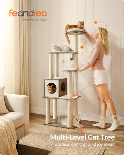 Feandrea Cat Tree, 64.6-Inch Modern Cat Tower, Multi-Level Condo with 5 Scratching Posts, Perch, Washable Removable Cushions, Cave, Heather Greige UPCT166G01 - color: Heather Greige