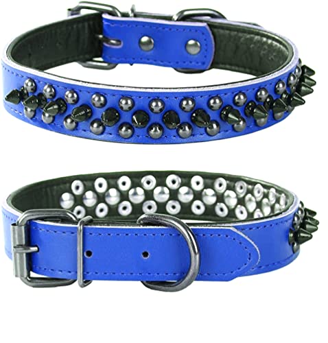 Spiked Studded Dog Collar, Genuine Leather Dog Collar, Adjustable Pet Collars for Small or Medium Pet (S, Dark Blue-1) - color: Dark Blue-1, size: S