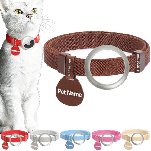 Minimalist Stretch Lightweight Custom Engraved Airtag Cat Collar with Apple Air Tag Holder and Name ID Tag Personalized Cat Collars for Kitten Boy & Girl Cats (Coffee Color,Apple Airtag Holder+ID Tag) - color: Coffee Color, size: Collar With Apple Airtag