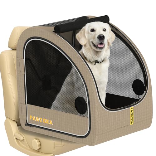 PAWZIDEA Portable Dog Crate for Car, 45% Extra Tall Travel Kennel for Medium & Large Dogs up to 80lbs Sit Upright, Enclosed Soft-Sided Backseat Carrier Collapsible, Secure w/Seatbelt & Headrest Strap - color: Khaki Plaid, Large