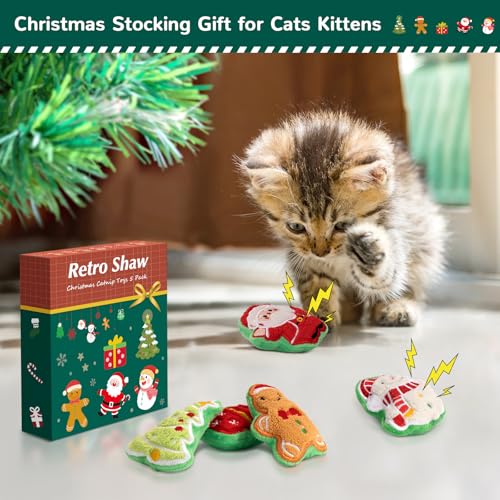 Retro Shaw Christmas Cat Toys, Xmas Catnip Toys for Indoor Cats Kitten Teeth Cleaning, Crinkly Interactive Cat Chew Nip Kitty Kicker Toy Santa Claus Trees Snowman, 5 Pack - size: 3.0 Inches