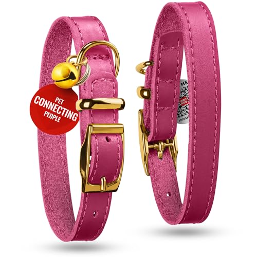 WAUDOG Leather Cat Collar with Removable Bell and QR ID Tag for Small, Medium and Large Breeds Adjustable Long Lasting Classic Kitten Collars Boy & Girl - color: Pink, size: 6" - 8"