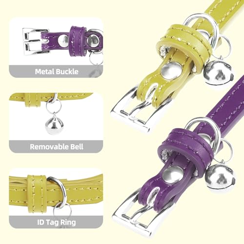 PUPTECK 2 PCS Soft Genuine Leather Cat Kitten Collar with Bells Adjustable for Girl Boy Cats Puppy - Yellow Green, Deep Purple - color: Yellow Green & Deep Purple