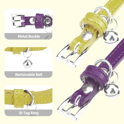 PUPTECK 2 PCS Soft Genuine Leather Cat Kitten Collar with Bells Adjustable for Girl Boy Cats Puppy - Yellow Green, Deep Purple - color: Yellow Green & Deep Purple