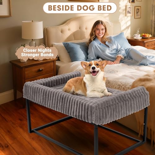 Adjustable Bedside Dog Bed for Large Dogs, Elevated Dog Co-Sleeper with Metal Frame, Memory Foam Mattress & Washable Corduroy Cover, Pet Bedside Sleeper for Dogs & Cats - size: Large
