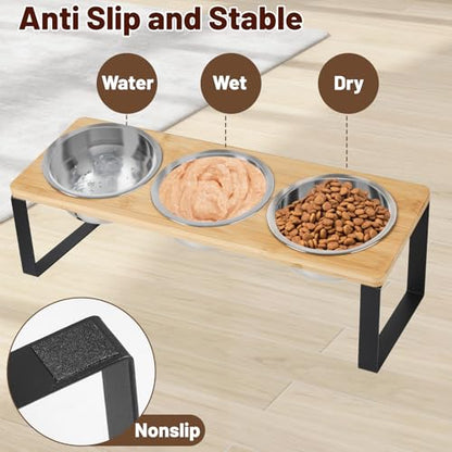 Elevated Cat Bowl, Raised Cat Food Bowls with 10° Tilted Stands, 3 Stainless Steel Bowls for Wet, Dry & Water, Hold by Bamboo Board, Anti Vomiting Cat Feeding Bowls with 4 Non-Slip Pads