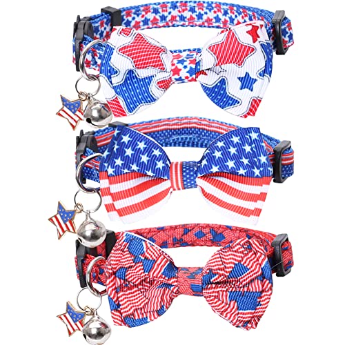 American Flag Cat Collar with Bell Bow Tie Star Breakaway Adjustable for 4th of July Independence Day - color: 3PCS