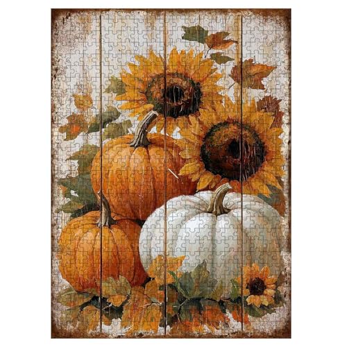 1000 Pieces Jigsaw Puzzles for Adults, Fall Sunflower Pumpkin Rustic Wood Art Puzzle, Stress Relief Concentration Training Brain Teaser Puzzle 29.5x19.7 Inch - color: Wooden Puzzle10, size: 1000 Piece pcs