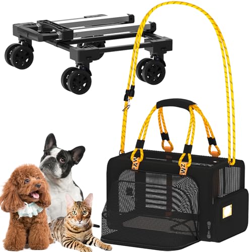 PAWZIDEA Expandable Pet Carrier with Wheels, 18"x11"x11" TSA Airline Approved Cat Carrier for 2 Cats Under Seat, Collapsible Soft-Sided Small Dog Rolling Travel Bag with Telescopic Handle, Up to 18lbs - color: Black Warrior-Wheels