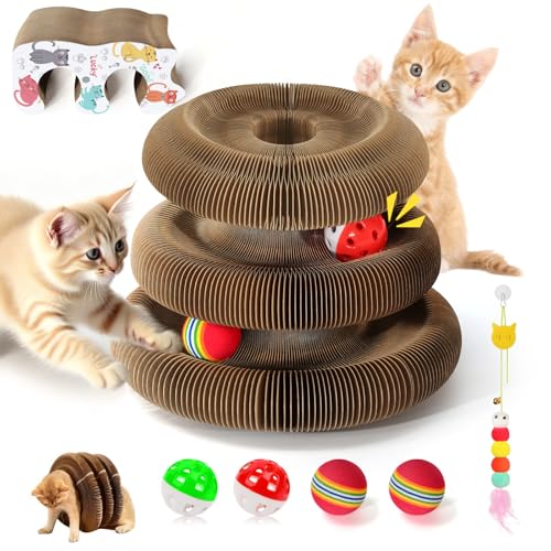 2 PCS Magic Organ Cat Scratcher Board with 6 Balls, Foldable Recyclable Accordion Cats Toy with Ball and Track Adventure, Cat Scratching Pad, Retractable Reversible Furniture Protector(Brown)