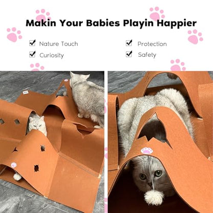 Interactive Cat Tunnel Mat for Indoor Cats, 4-Way Felt Cat Cave with Hanging Ball, Foldable Kitty Play Mat and Hideout, Pet Enrichment Toy for Kittens, Rabbits, Small Pets - color: Brown