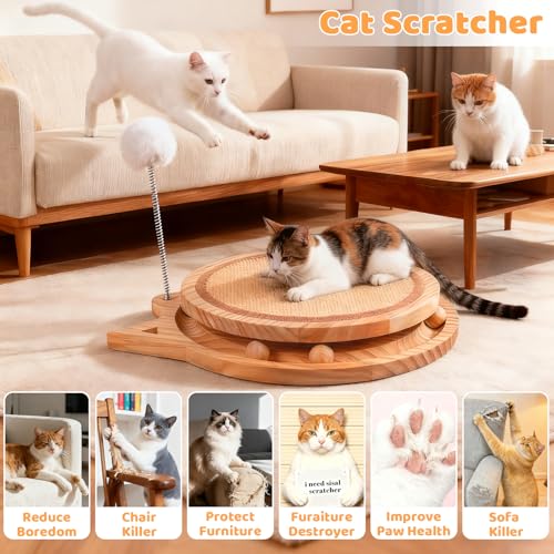 Sisal Cat Scratcher with Ball Track and Spring Toy 3 in 1 Wooden Interactive Cat Toys Cat Scratchers for Indoor Cats and Kitty - style: Single-layer