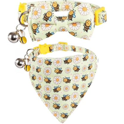Cat Collar Breakaway with Cute Bow Tie Bandana and Bell Accessories Bee for Kitty Adjustable Safety - color: bee