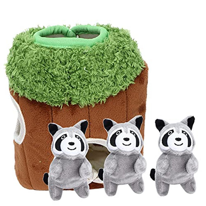 Raccoon in Tree Hide and Seek Dog Toy, Hide a Raccoon Plush Dog Toy Puzzle with Squeaker for Small and Medium Size Dogs
