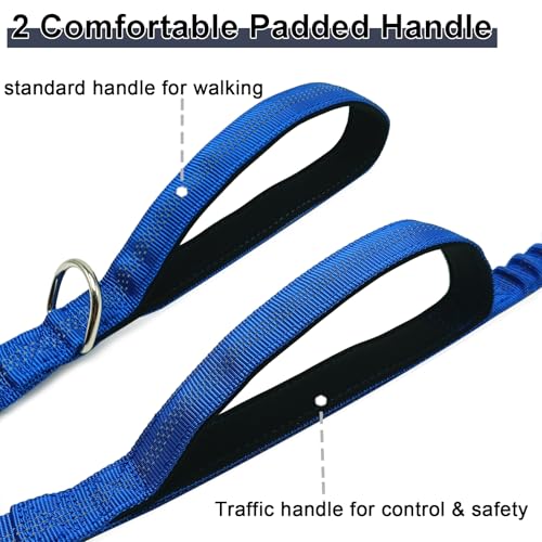 5 FT Bungee Dog Leash with 2 Handles, Reflective Strong Nylon Traffic Leash, Shock Absorbing Lead for Large Medium Dogs Walking Training Controlling, Dark Blue - color: Dark blue
