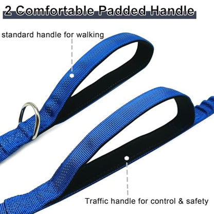 5 FT Bungee Dog Leash with 2 Handles, Reflective Strong Nylon Traffic Leash, Shock Absorbing Lead for Large Medium Dogs Walking Training Controlling, Dark Blue - color: Dark blue