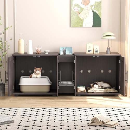 Garvee Cat Litter Box Enclosure for 2 Cats, 55" Hiddden Litter Box Enclosure Furniture 3-in-1 Wooden Litter Cabinet with Barn Door & Double Rooms for Bedroom Living Room,Walnut - color: Walnut