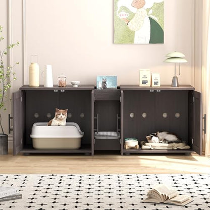 Garvee Cat Litter Box Enclosure for 2 Cats, 55" Hiddden Litter Box Enclosure Furniture 3-in-1 Wooden Litter Cabinet with Barn Door & Double Rooms for Bedroom Living Room,Walnut - color: Walnut