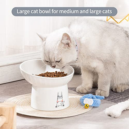 6.5 Inch Extra Wide Ceramic Raised Cat Bowls, Porcelain Tilted Elevated Cat Food Water Bowl Dish, Stress Free Pet Feeder Bowls Dishes for Elder Big Cats & Small Dogs, White - 2 Pack - color: White & White