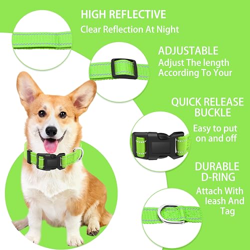Reflective Dog Collar with Safety Locking Buckle, Adjustable Soft Breathable Nylon Collars for Small, Medium and Large Dogs(Collar+Leash XS Width 3/8" Green) - color: Green, size: XX-Small (Width 3/8")
