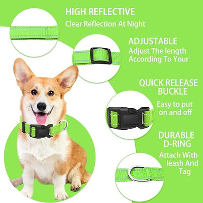 Reflective Dog Collar with Safety Locking Buckle, Adjustable Soft Breathable Nylon Collars for Small, Medium and Large Dogs(Collar+Leash XS Width 5/8" Green) - color: Green, size: X-Small (Width 5/8")