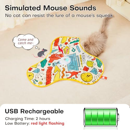 Potaroma Interactive Cat Feather Toys, Hide and Seek Concealed Moving Feather Wand, Rechargeable Touch Activated Indoor Kitten Exercise Kicker, Mouse Squeaky, Graffiti Cover - color: Graffiti Cover