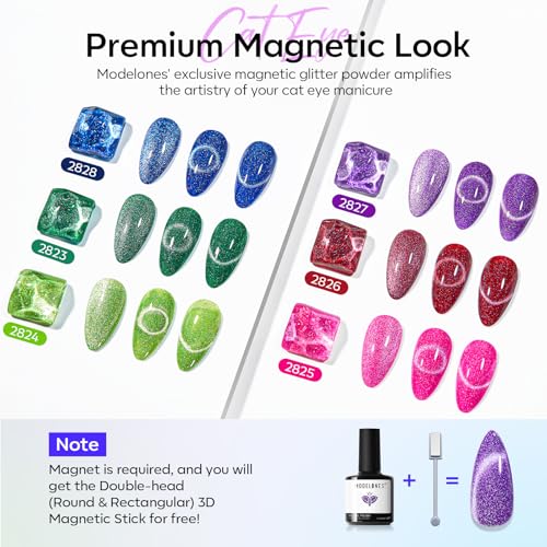 modelones Cat Eye Gel Nail Polish, 6 Colors Glitter Summer Red Pink Purple Green Blue Gel Polish Set with Magnet Sparkle Nail Gel Polish Kit Soak Off Led Nail Art Manicure Salon DIY Gifts - color: A-1 Gem Glow