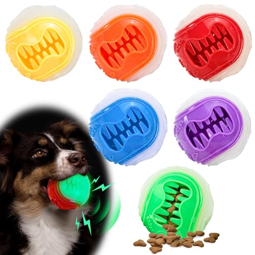 LECHONG 6-Pack Dog Treat Balls, 3-in-1 Glow in the Dark Squeaky Treat Dispenser Ball Toys for Dog, Interactive Durable Rubber Teething Fetch Ball for Small Medium Dogs to Keep Them Busy 2.5in - size: 2.5in Medium Treat