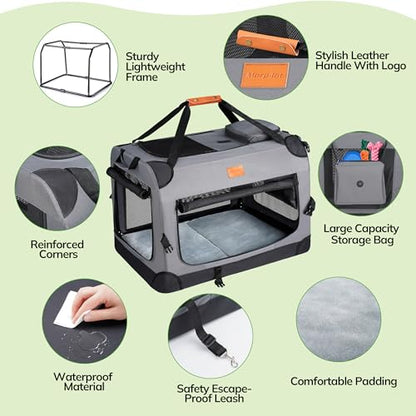 Morpilot 24-inch Portable Collapsible Dog Crate: Travel Dog Crate Soft-Sided for Small Dogs up to 27lbs, with Foldable Bowl, Shoulder Strap & Storage Pockets, Grey - size: 23.6"L x 16.5"W x 16.5"H