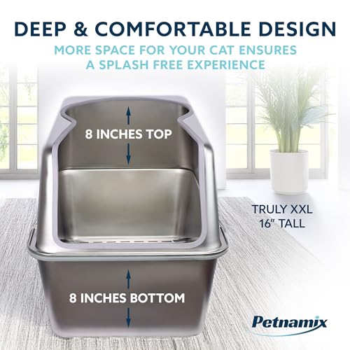 2 Pack XXL All Stainless Steel Litter Box Lid 30L Enclosed 16" Tall Walls Leak Proof Seal NonStick Splash Guard Top Removable Cover System Large Multi Cats Scoop Mat Extra Large Metal Cat Litter Box