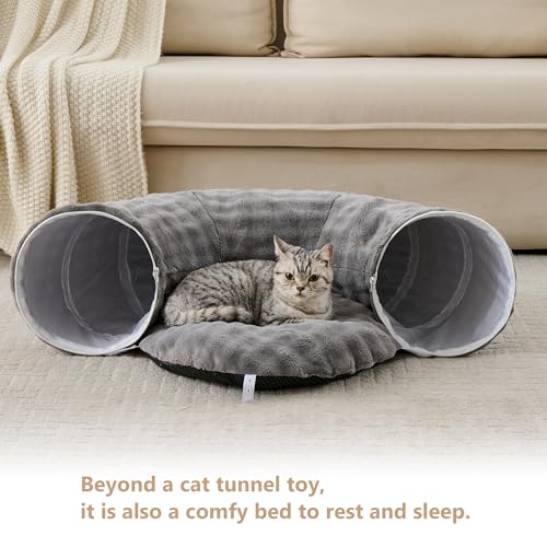 Bubble Cat Tunnel for Indoor Cats, Round Peekaboo Cave Toy with Dangling Balls, Donut Tunnel Bed with Circle Mat for Puppy Kitten Rabbit, Grey - color: Grey