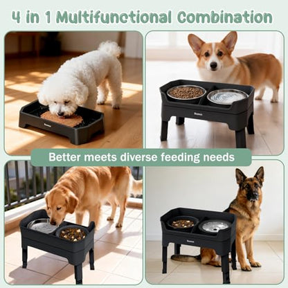 4 in 1 Adjustable Elevated Dog Bowls with 2*Stainless Steel Bowls, Anti-Spill Water Bowl, 4 Heights Raised Dog Bowl Stand for Small to Medium & Growing Large Puppies, Anti-Slip, Mess Proof Design - color: Black