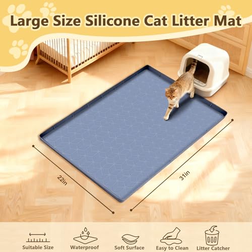 Cat Litter Mat Extra Large 31"x22" Silicone Waterproof Litter Trapping Mat for Litter Box, Non-Slip Urine-Proof Kitty Litter Box Mat with Deep Grooves, Easy Clean Scatter Control Pet Mat (Gray) - size: 31X22IN Cat Litter Mat