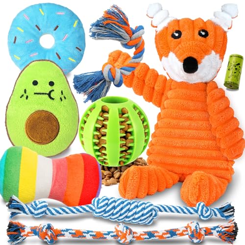Zeaxuie 9 Pack Luxury Puppy Toys for Teething Small Dogs, Puppy Chew Toys with Cute Squeaky Dog Toys, Ball and More Rope Dog Chew Toys - color: 9 Pack (No-stuffed Fox)