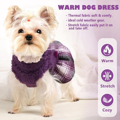 Fuzzy Dog Plaid Sweater Dress, Fall Winter Warm Female Dog Clothes for Small Dogs Girl, Pet Outfit, Cat Apparel (XSmall, Purple) - color: #1 Purple, size: X-Small (Chest 14.2 in)