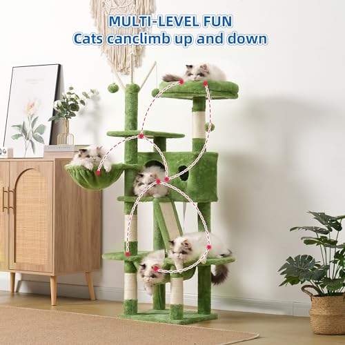 Hey-brother Cat Tree, 53 inch Cat Tower for Indoor Cats, Cat House with Padded Platform Bed, Toy Balls, Large Cozy Condo, Hammocks and Sisal Scratching Posts, Green MPJ019-SGR - color: Green